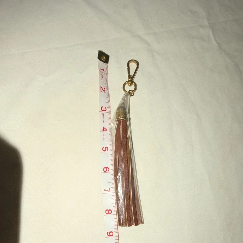 Brown Faux Leather Tassel Key Chain Gold Tone Metal Detachable Clip 9 in